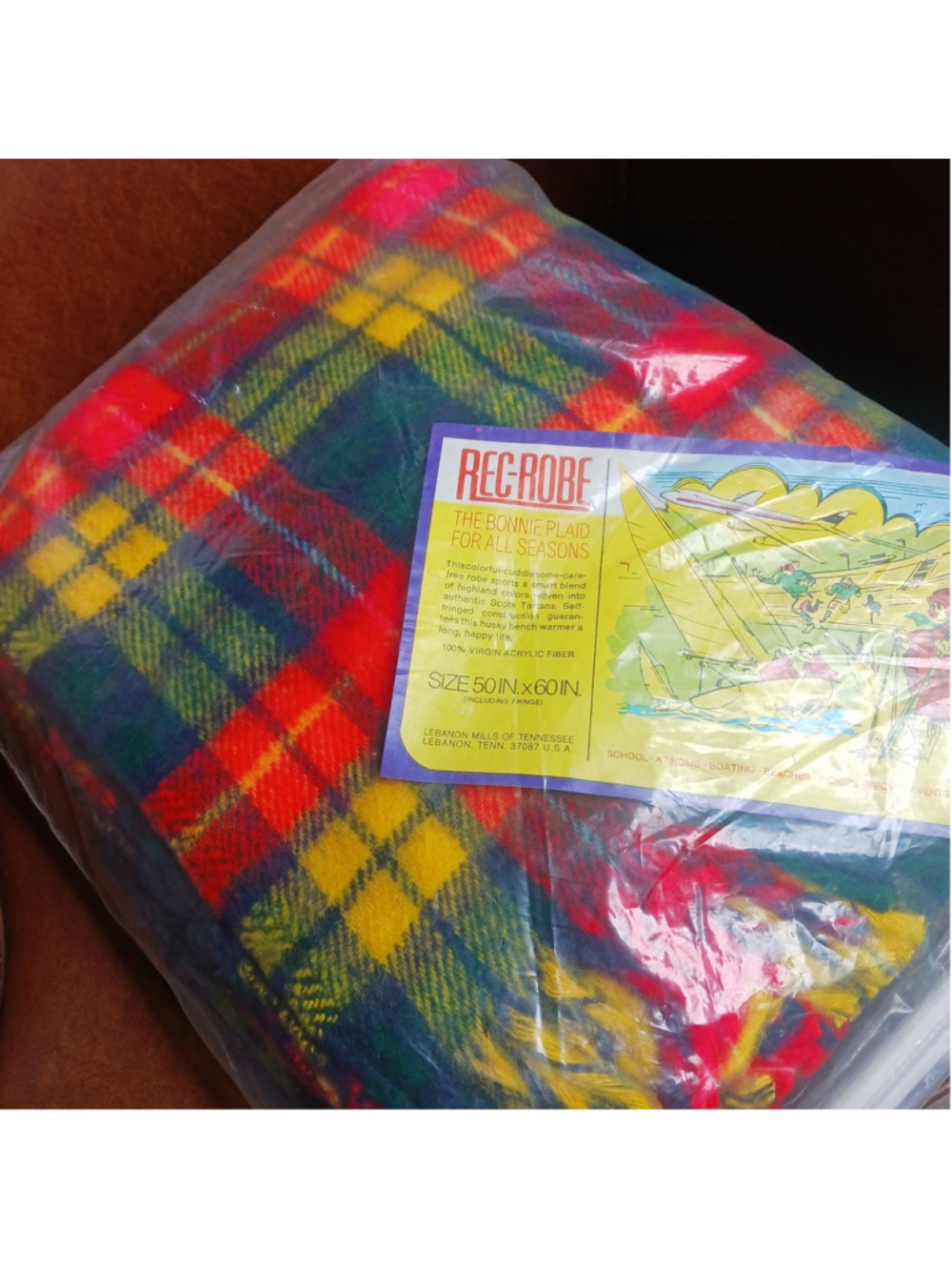 VTG Rec-Robe Bonnie Plaid Blanket Throw 50in x 60in Red Yellow Green USA New